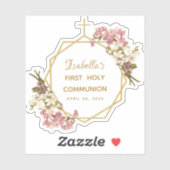 Sticker Première communion fille Orchidée rose Croix dorée (Feuille)