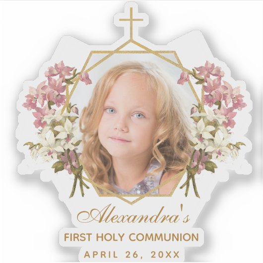 Sticker Première Communion fille photo or floral rose orch (Devant)