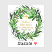 Sticker Première Communion Green Wreath & Faux Gold Cross (Feuille)