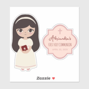 Sticker Première communion mignonne Brunette fille en robe