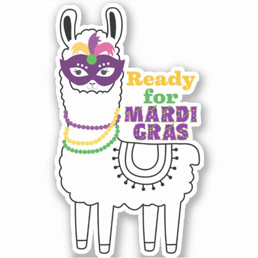 Sticker Prêt pour Mardi Gras lama masque perles plumes (Devant)