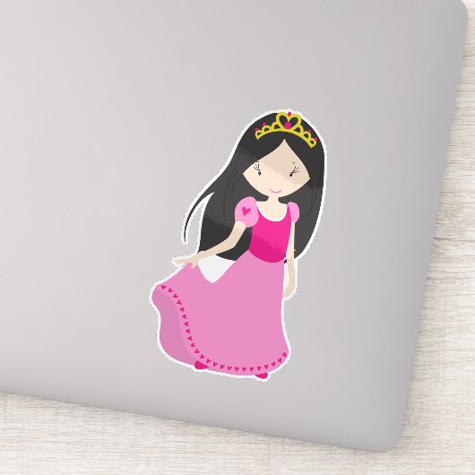Sticker Princesse mignonne, Couronne, Cheveux noirs, Robe  (Détail)