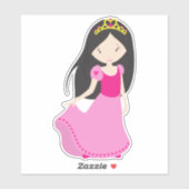 Sticker Princesse mignonne, Couronne, Cheveux noirs, Robe  (Feuille)