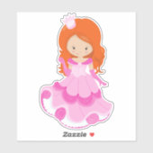 Sticker Princesse mignonne, Couronne, Robe rose, Cheveux o (Feuille)