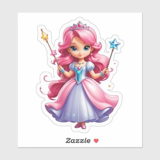 Sticker Princesse Rose Avec Baguette Magique Et Tiara (Feuille)