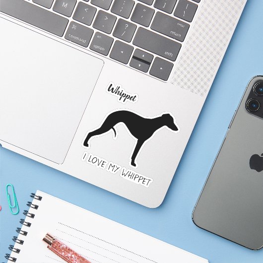 Sticker Profil de silhouette de Whippet J'aime mon Whippet (Ordinateur portable avec iPhone)