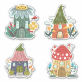 Sticker Quatre amusants gnome maison fleurs champignons (Devant)