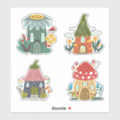 Sticker Quatre amusants gnome maison fleurs champignons (Feuille)