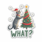 Sticker Quel chat drôle poussant l'arbre de Noël sur le ch (Devant)