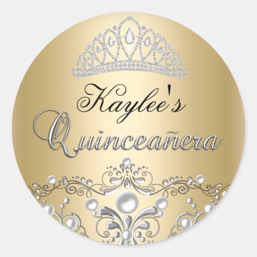 Sticker Quinceanera argent & or Damask Pearl (Devant)