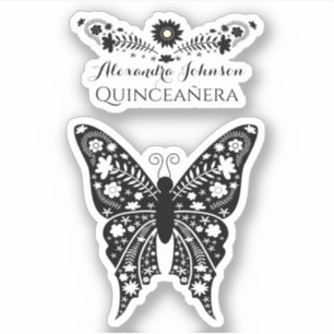 Sticker Quinceanera Boho Papillon noir et blanc Nom