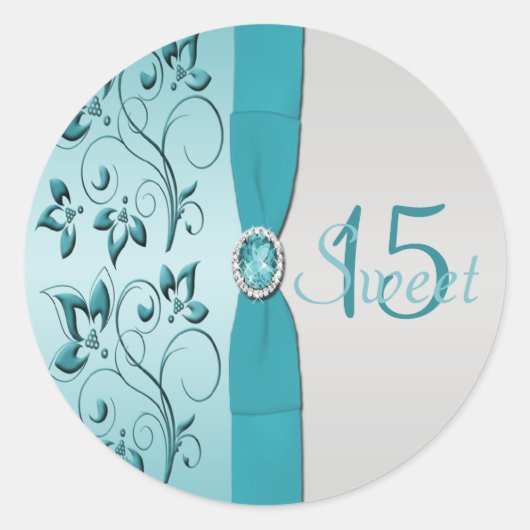 Sticker Quinceanera Floral Aqua et Argent (Devant)