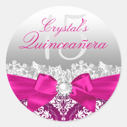 Sticker Quinceanera Hot Pink Damask & Pearl Bow (Devant)