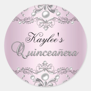 Sticker Quinceanera Pearl argent et rose Damask