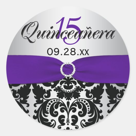 Sticker Quinceanera pourpre, argenté, noir damassé (Devant)