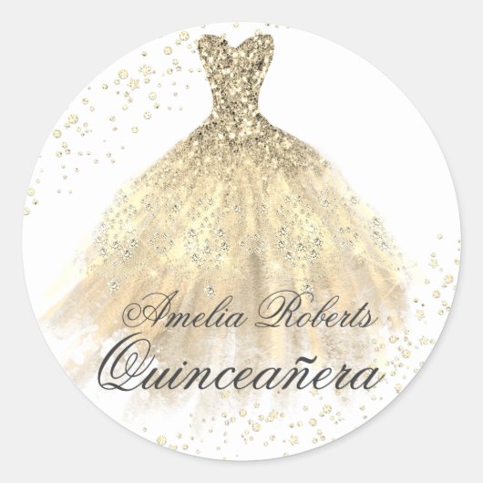 Sticker Quinceanera Robe Étincelle Or (Devant)
