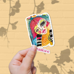 Sticker Quirky Colorful Girl Whimsical Pink Cheveux Ajoute