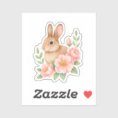 Sticker Rabbit and Pink Flowers Easter  (Feuille)