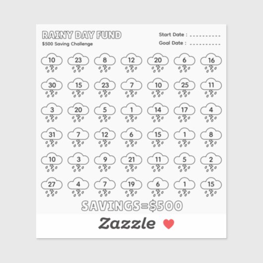 Sticker Rainy Day Fund 500$ Savings Challenge Plan budgéta (Feuille)