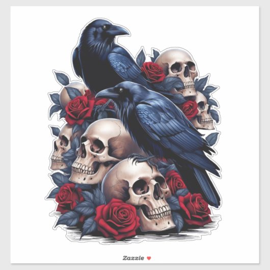 Sticker Ravins et Roses : conception gothique du crâne (Feuille)