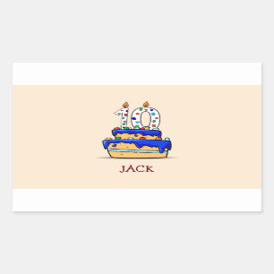 Sticker Rectangulaire 10e anniversaire garçon, 10 ans sur le gâteau bl