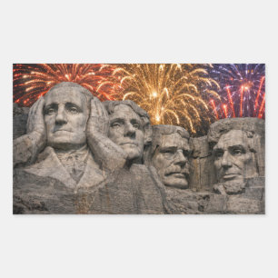 Sticker Rectangulaire 4 juillet humour de Mount Rushmore avec feux d'art