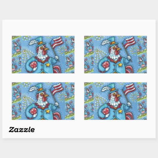 Sticker Rectangulaire 4 juillet ROOSTER, FUNNY PATRIOTIC POULET (Feuille)