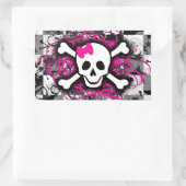 Sticker Rectangulaire à damiers Crâne avec éclaboussure rose (Sac)