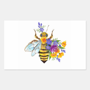 Sticker Rectangulaire Abeille à fleurs avec plantes sauvages