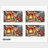 Sticker Rectangulaire Abyssinian Cat Sitting by Fireplace with Christmas (Feuille)