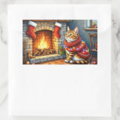 Sticker Rectangulaire Abyssinian Cat Sitting by Fireplace with Christmas (Sac)