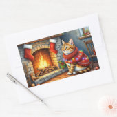 Sticker Rectangulaire Abyssinian Cat Sitting by Fireplace with Christmas (Enveloppe)
