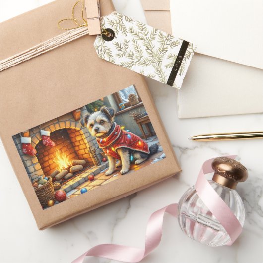 Sticker Rectangulaire Affenpinscher Sitting Fireplace Christmas Lights (Cadeaux)