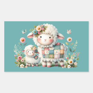 Sticker Rectangulaire Agneaux mignons aux accents floraux et patchwork