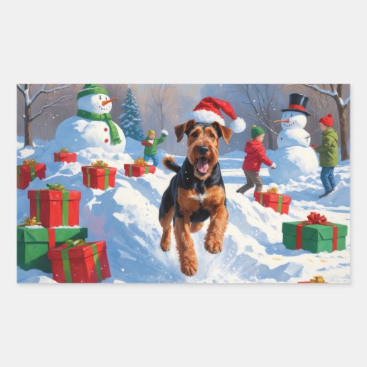 Sticker Rectangulaire Airedale Noël Festive Scène de neige (Devant)