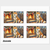 Sticker Rectangulaire Akita Sitting by Fireplace with Christmas Lights (Feuille)
