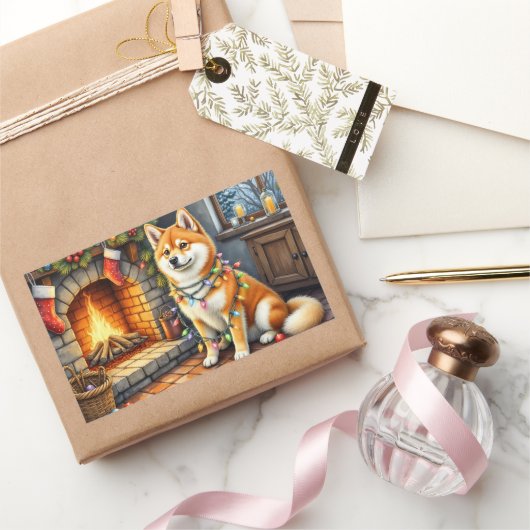 Sticker Rectangulaire Akita Sitting by Fireplace with Christmas Lights (Cadeaux)