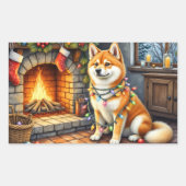 Sticker Rectangulaire Akita Sitting by Fireplace with Christmas Lights (Devant)