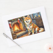 Sticker Rectangulaire Akita Sitting by Fireplace with Christmas Lights (Enveloppe)