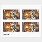 Sticker Rectangulaire Alaskan Malamute Fireplace with Christmas Lights (Feuille)
