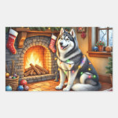 Sticker Rectangulaire Alaskan Malamute Fireplace with Christmas Lights (Devant)