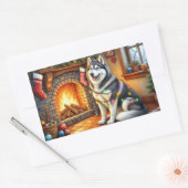 Sticker Rectangulaire Alaskan Malamute Fireplace with Christmas Lights (Enveloppe)