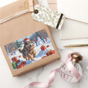 Sticker Rectangulaire Alaskan Malamute Noël Festive Scène de neige
