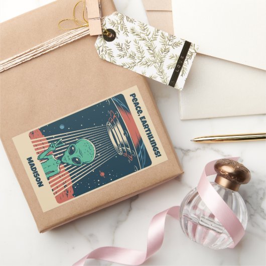 Sticker Rectangulaire Alien UFO de texte personnalisé (Cadeaux)