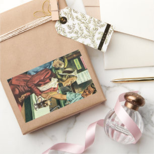 Sticker Rectangulaire Amour et romance vintage, Dame au magasin de soda