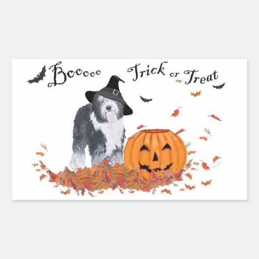 Sticker Rectangulaire Ancien chien de berger anglais Halloween (Devant)