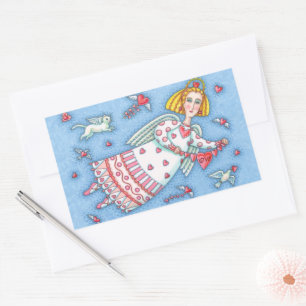 STICKER RECTANGULAIRE ANGE D'ART FOLK, CHAT ET COEURS DE VOL