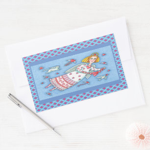 STICKER RECTANGULAIRE ANGE D'ART FOLK, CHAT ET COEURS DE VOL VALENTINE