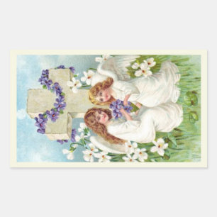 Sticker Rectangulaire Anges Mignons Avec Croix Et Fleurs