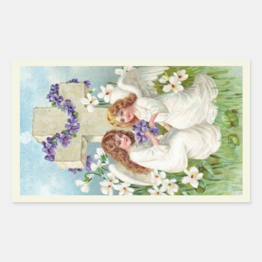 Sticker Rectangulaire Anges Mignons Avec Croix Et Fleurs (Devant)